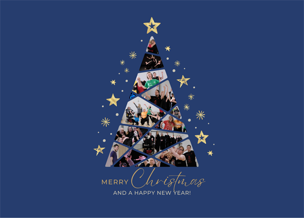 A number of pictures of dancers arranged in the shape of a Christmas tree with the words "Merry Christmas and a Happy New Year"