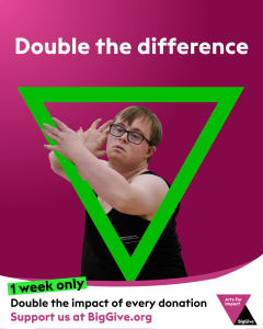 A picture of a male dancer leaning through a green triangle with the words 