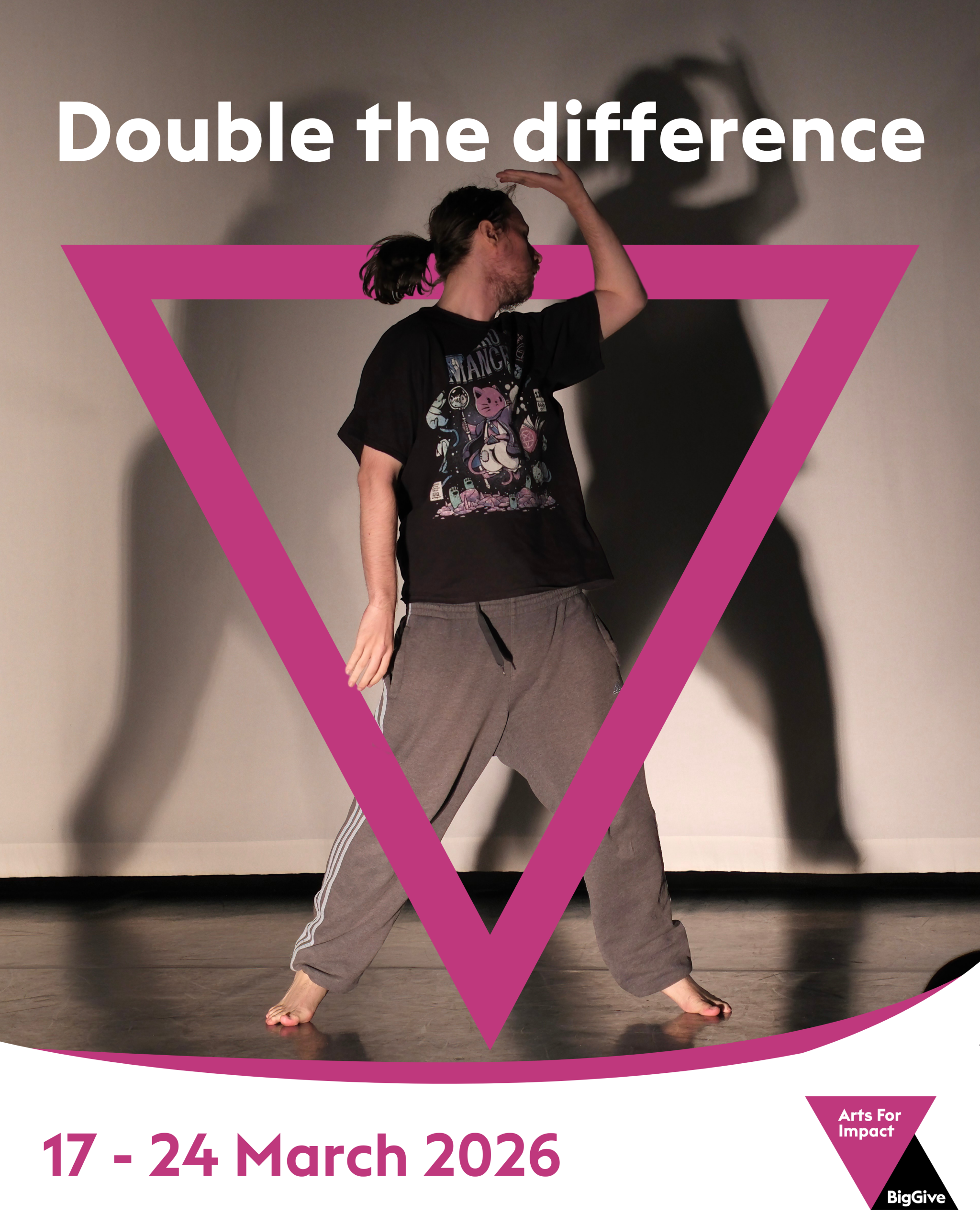 A picture of a male dancer coming through a pink triangle with the words "Double the Difference. 17 - 24 March"