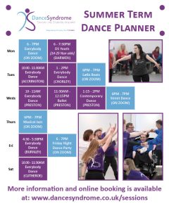 A visual timetable that shows all of the current DanceSyndrome sessions.