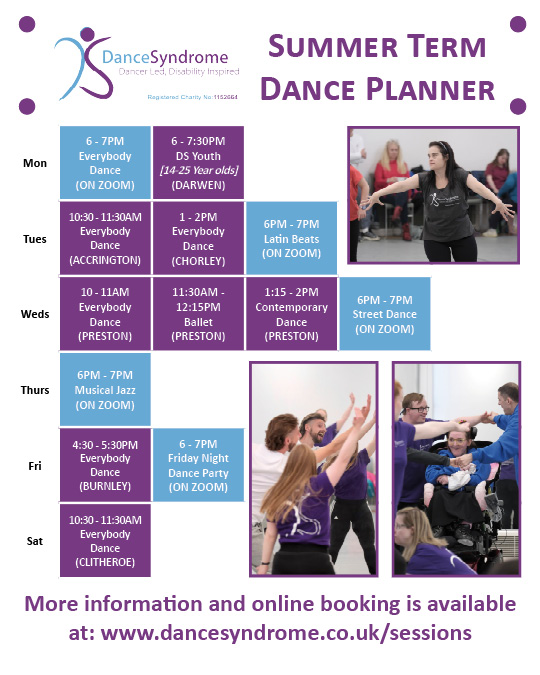 A visual timetable that shows all of the current DanceSyndrome sessions.