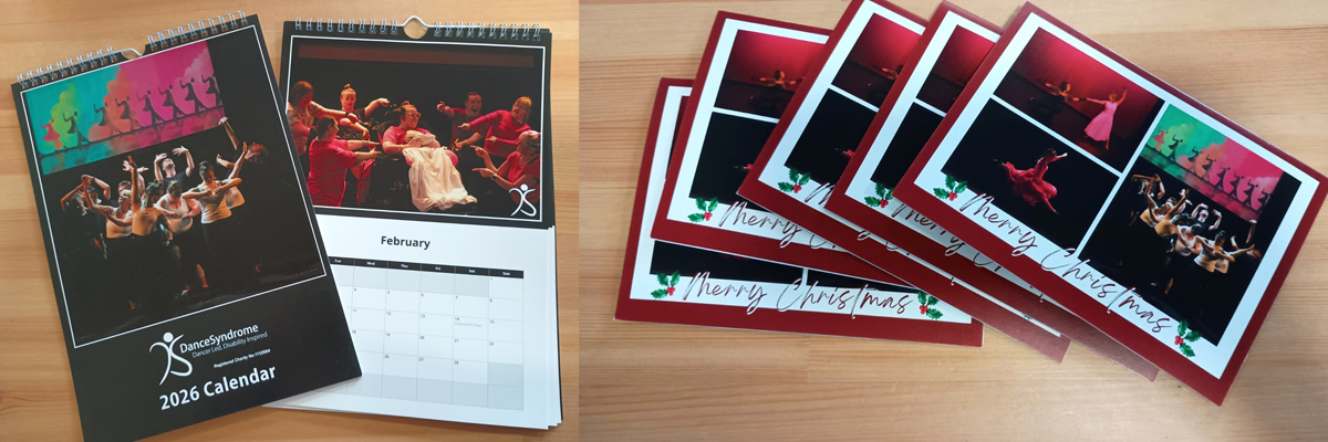 A photograph of the 2026 DanceSyndrome Calendar and Christmas cards