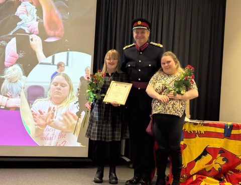 DanceSyndrome Dance Leaders Becky Rich (left) and Eliza Boothby (right) receiving their award from the High Sheriff